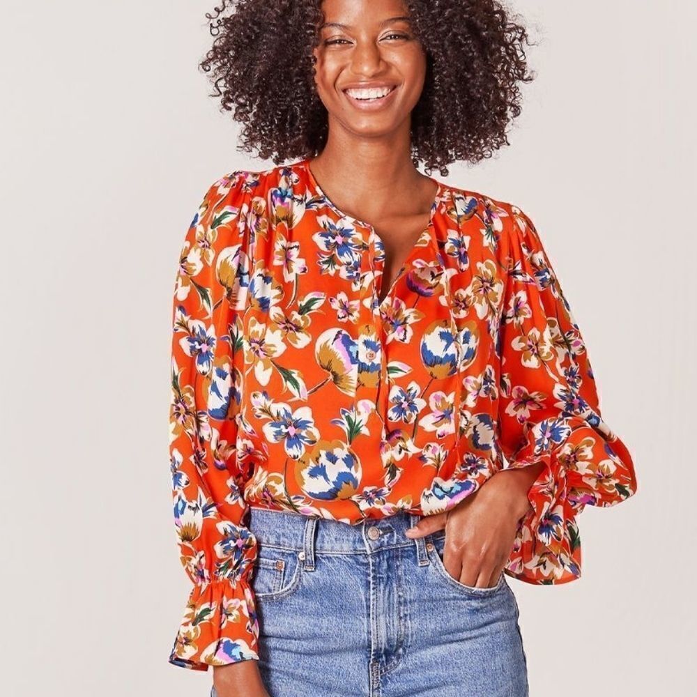 Tucker Juliette Blouse Georgia Blossoms in Citrus Silk Stretch Charmeuse Floral